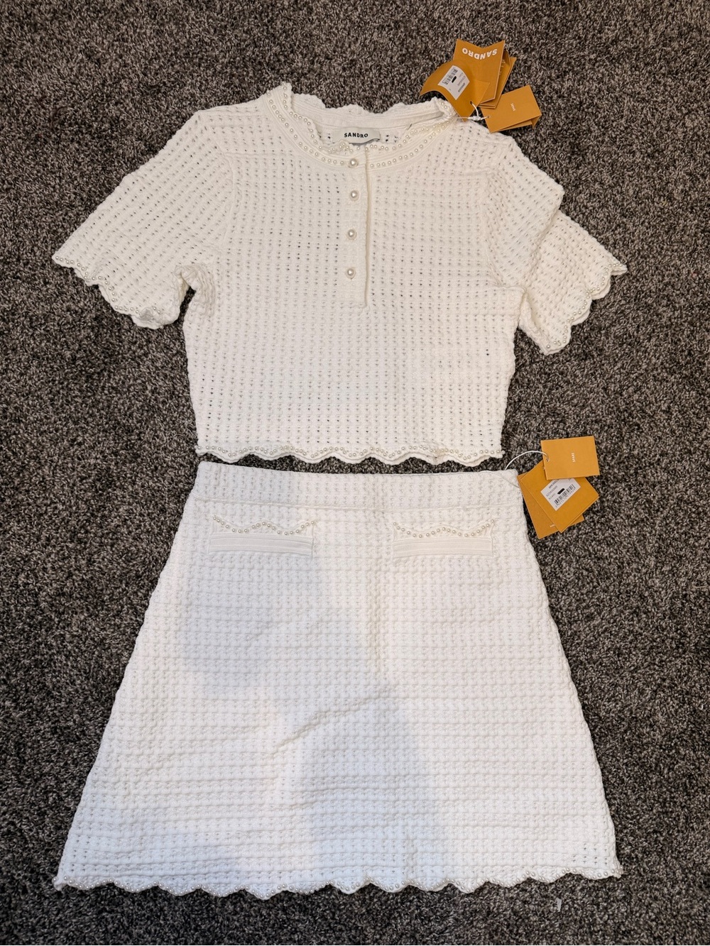 Sandro Cream Crochet Knit Two-Piece Set - Crop Top & A-Line Skirt